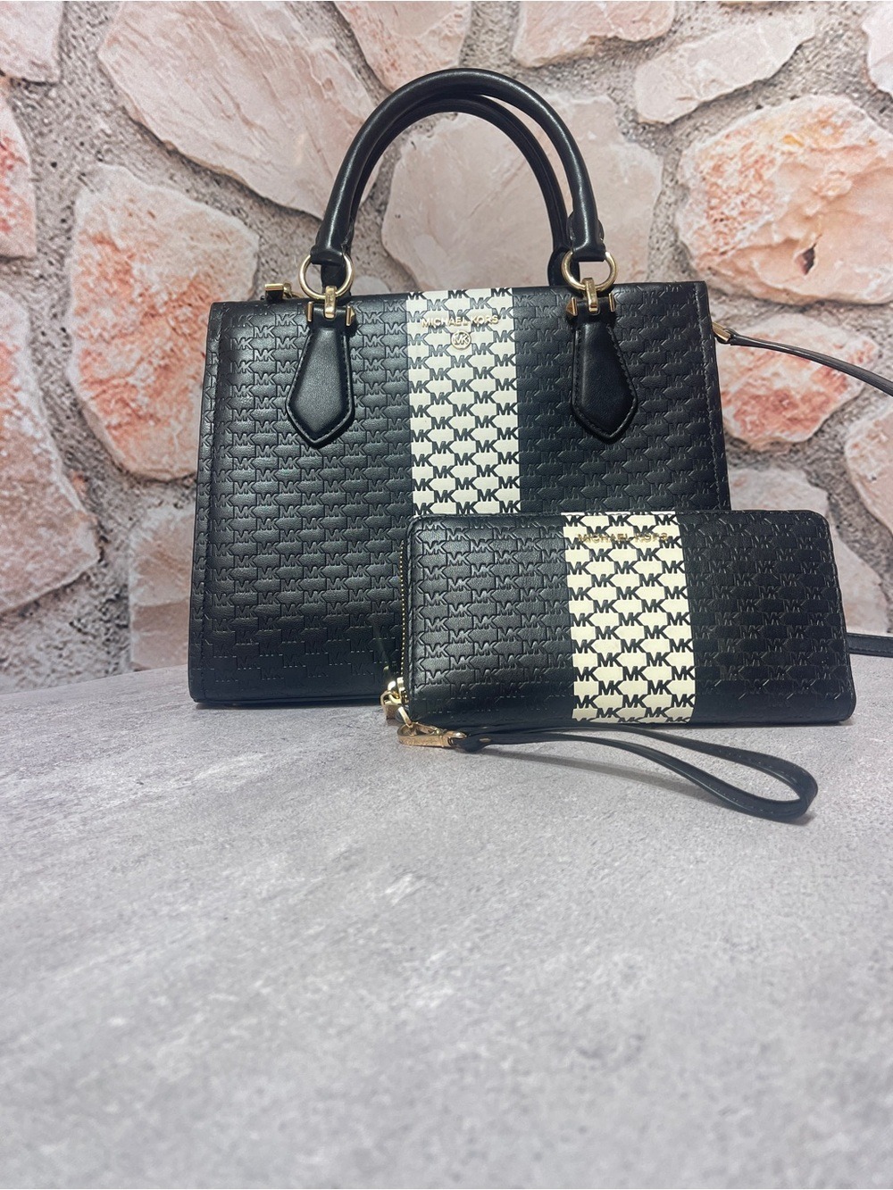 Michael Kors Marilyn Black/White Logo Center Stripe Satchel & Matching Wallet